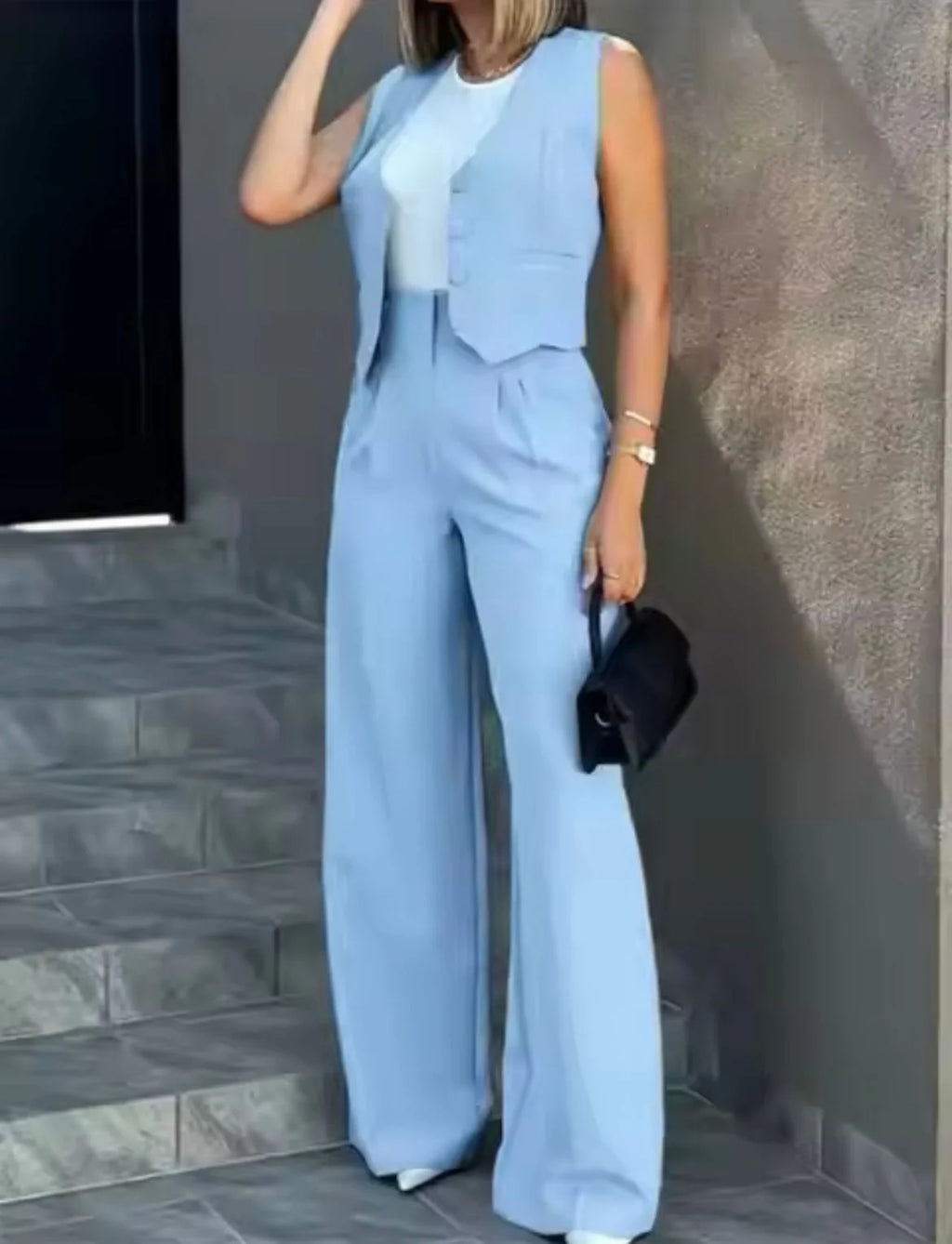 Women’S Tailored Waistcoat Wide Leg Trouser Co Ord Lounge Set