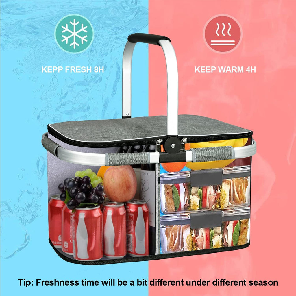 35L Large Picnic Basket 2 Layers of Internal Pockets Leak-Proof and Insulated ，Folding with Internal Support for Enhansed Stability, Wedding Gifts for Couple(Grey)