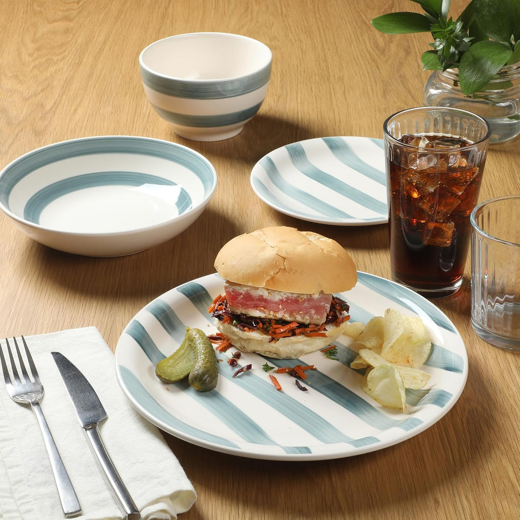 Kenwood Shores 16 Piece Dinnerware Set, Blue Striped, Hand-Painted Stoneware Dishes, Plates and Bowls, Service for 4, Microwave & Dishwasher Safe
