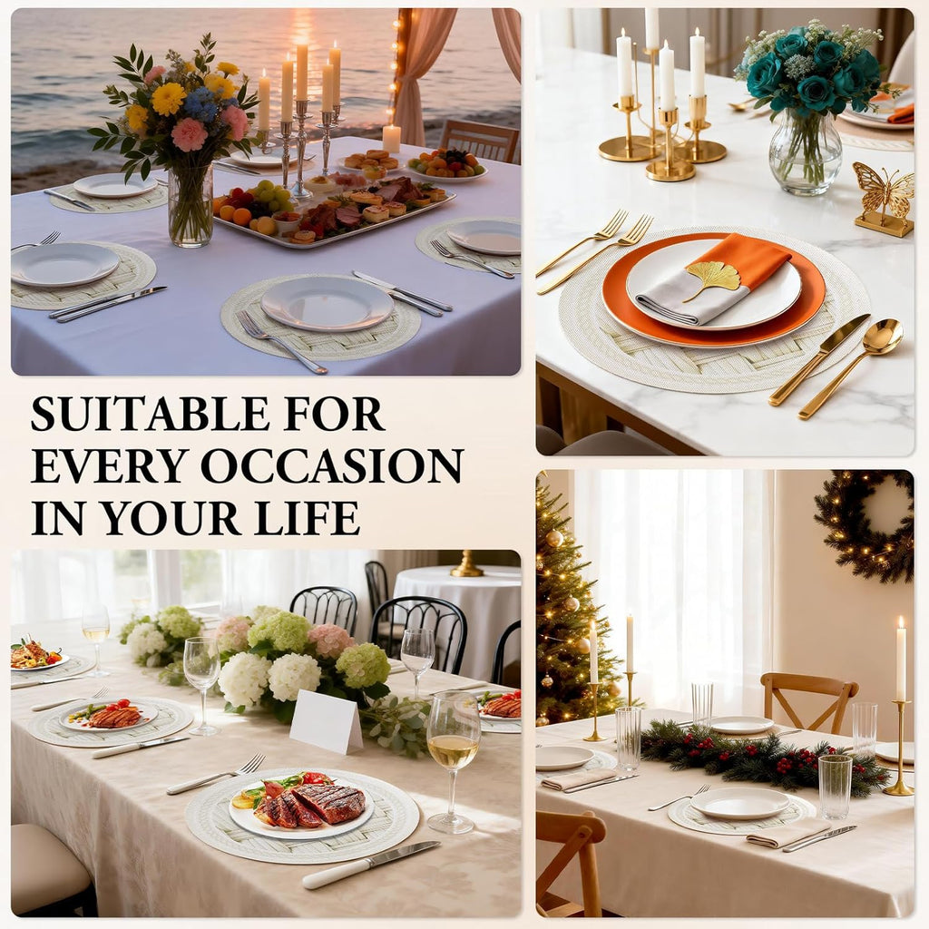 15 Inch round Placemats Set of 4,Washable Wipeable Durable Place Mats for Dining Table,Kitchen Decor, Non Slip Lace PVC Vinyl Braided Table Mats(4, Cross-Weave Straw)