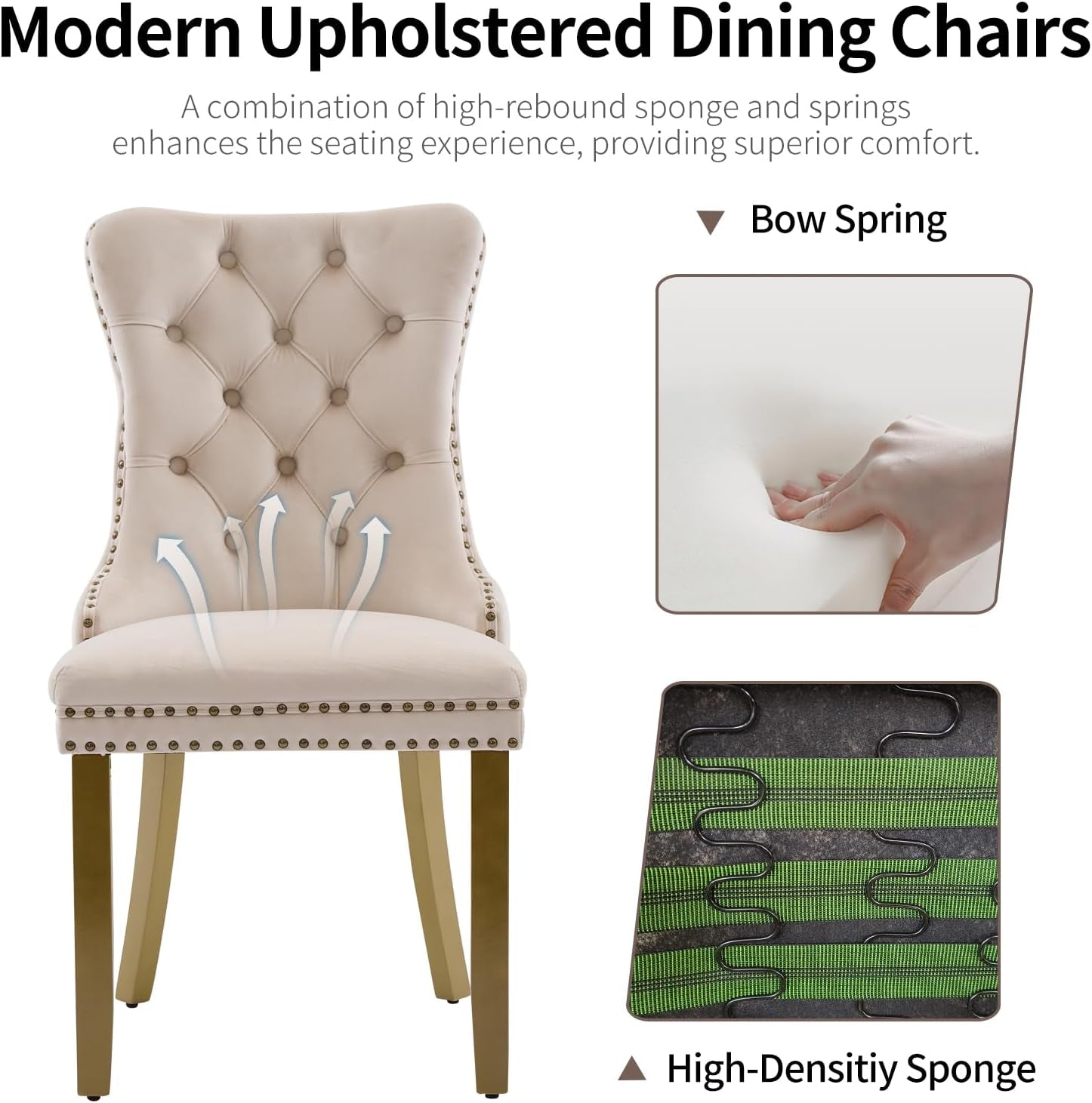 Beige Velvet Dining Chairs Set of 4, Upholstered with Lion Head Pulls and Golden Solid Wood Legs, Modern Button Tufted Kitchen Chairs for Dining Room