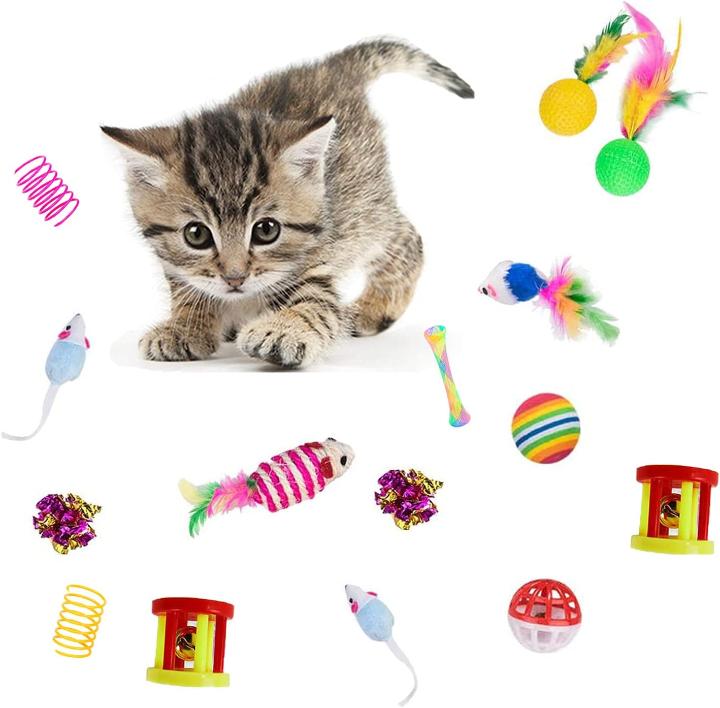 32Pcs Cat Toys Kitten Interactive Pet Toys Assortments, Foldable Rainbow Tunnel,