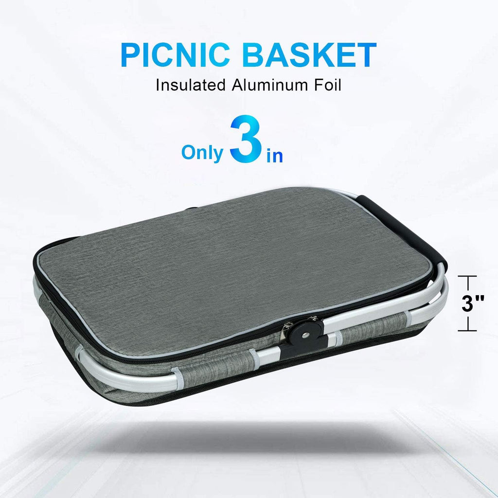 35L Large Picnic Basket 2 Layers of Internal Pockets Leak-Proof and Insulated ，Folding with Internal Support for Enhansed Stability, Wedding Gifts for Couple(Grey)