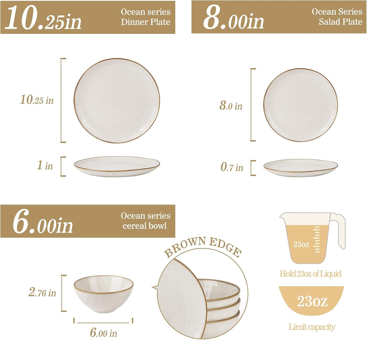 Ocean round Plates and Bowls Sets for Kitchen, 16-Piece Dinnerware Sets for 4, Mug Set for 4, Reactive Glaze, Cappuccino White