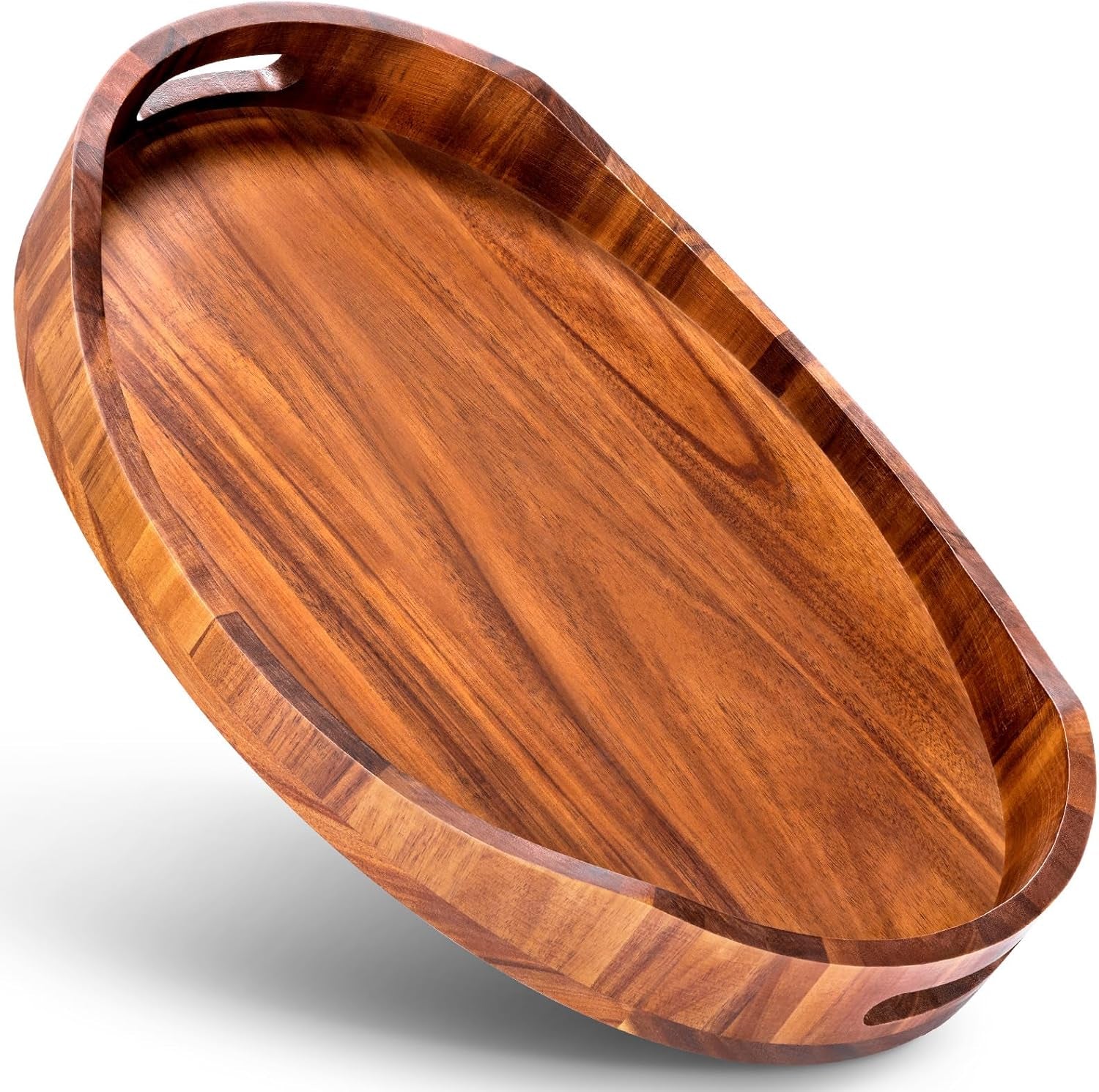 Acacia Wood Serving Tray with Handles, Decorative Ottoman Tray Platter for Breakfast in Bed, Living Room, Coffee Table, Lunch, Dinner, Bathroom, Candle Display,16.5"X13"