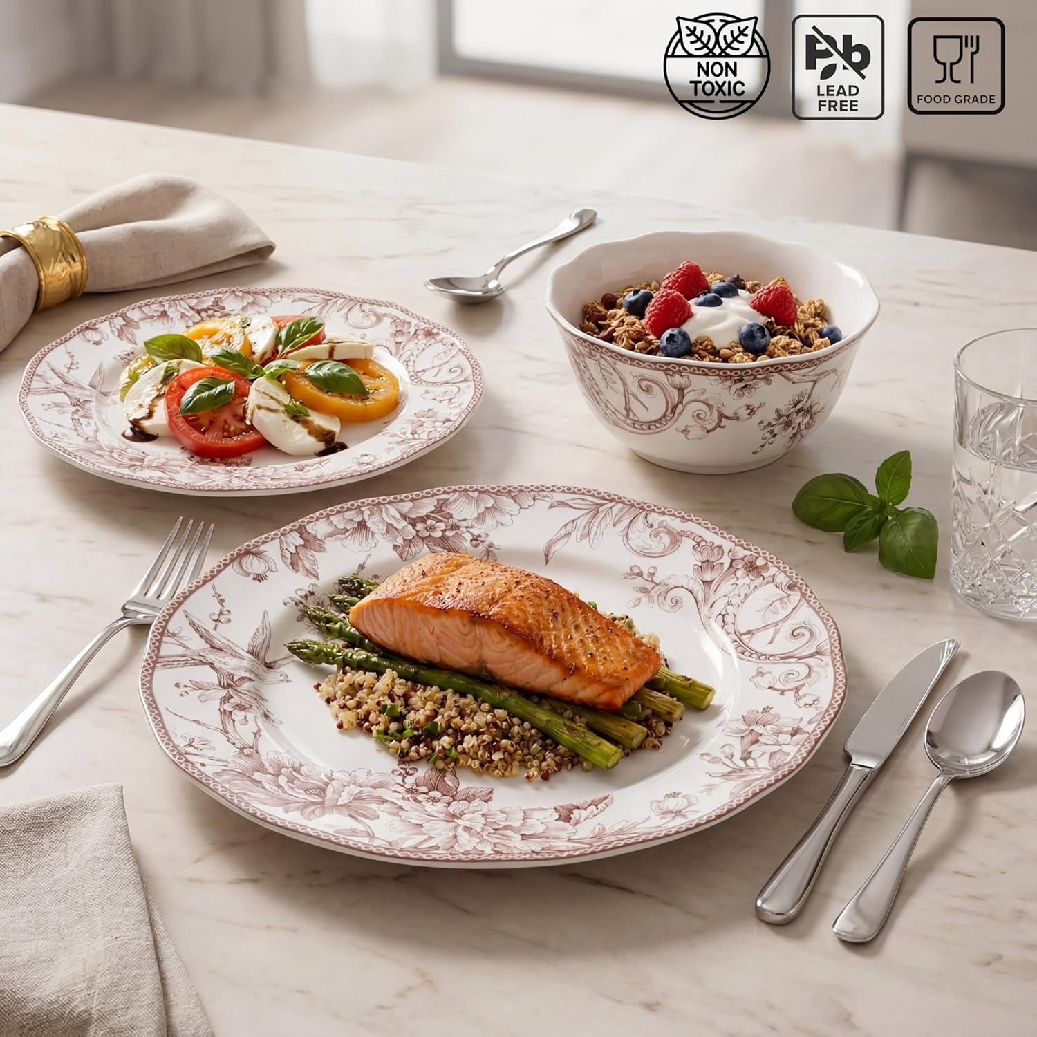 Adelaide Brown on White 12-Piece Dinnerware Set – Service for 4, Big Dinner Plates and Bowls Sets,Durable Porcelain, Microwave and Dishwasher Safe, for Everyday Dining & Entertainment