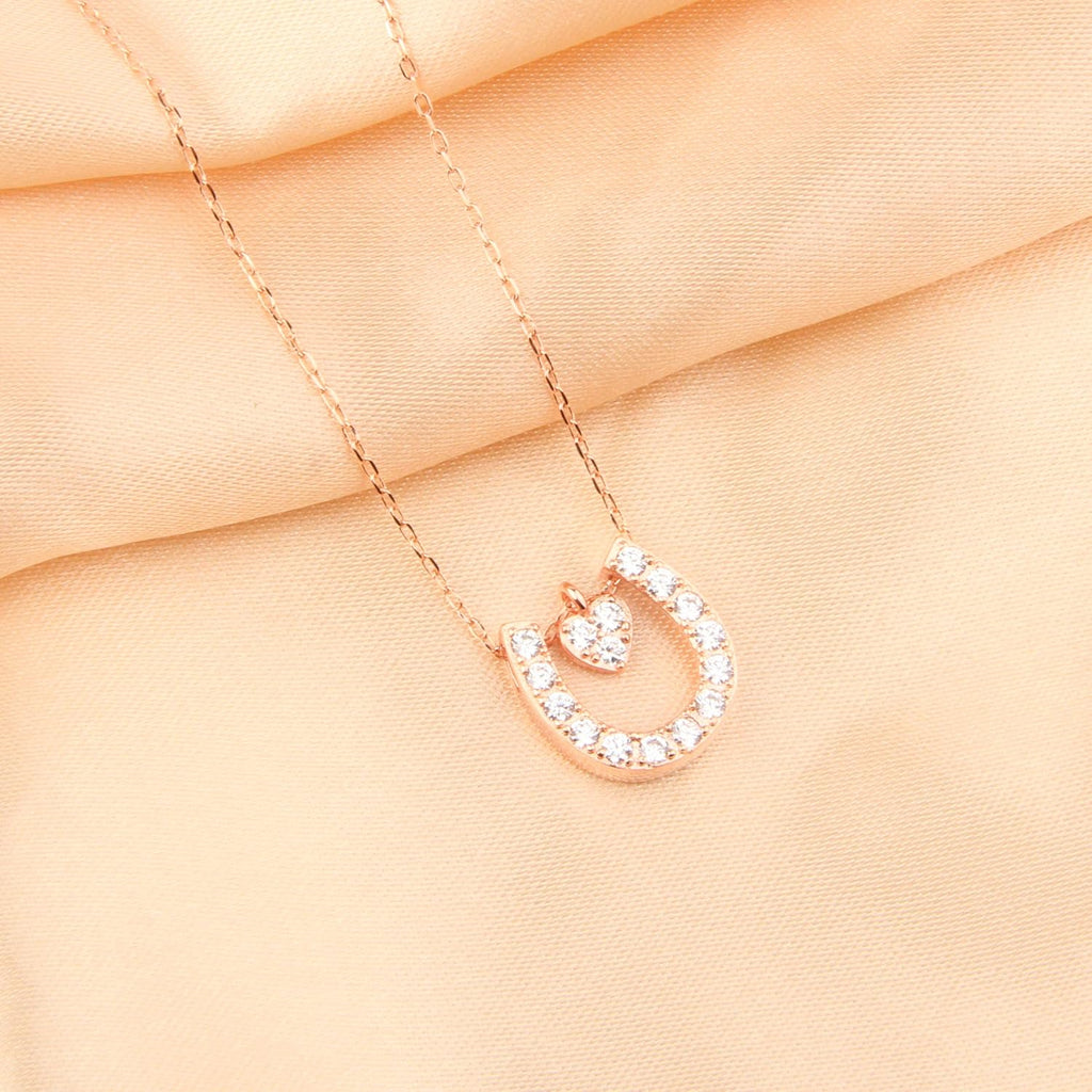 Horseshoe Charm Necklace Rose Gold Lucky Horseshoe with Love Heart Pendant Necklace Girlfriend Gift Daughter