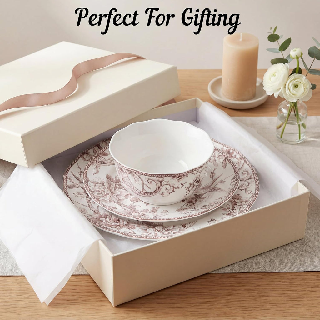 Adelaide Brown on White 12-Piece Dinnerware Set – Service for 4, Big Dinner Plates and Bowls Sets,Durable Porcelain, Microwave and Dishwasher Safe, for Everyday Dining & Entertainment