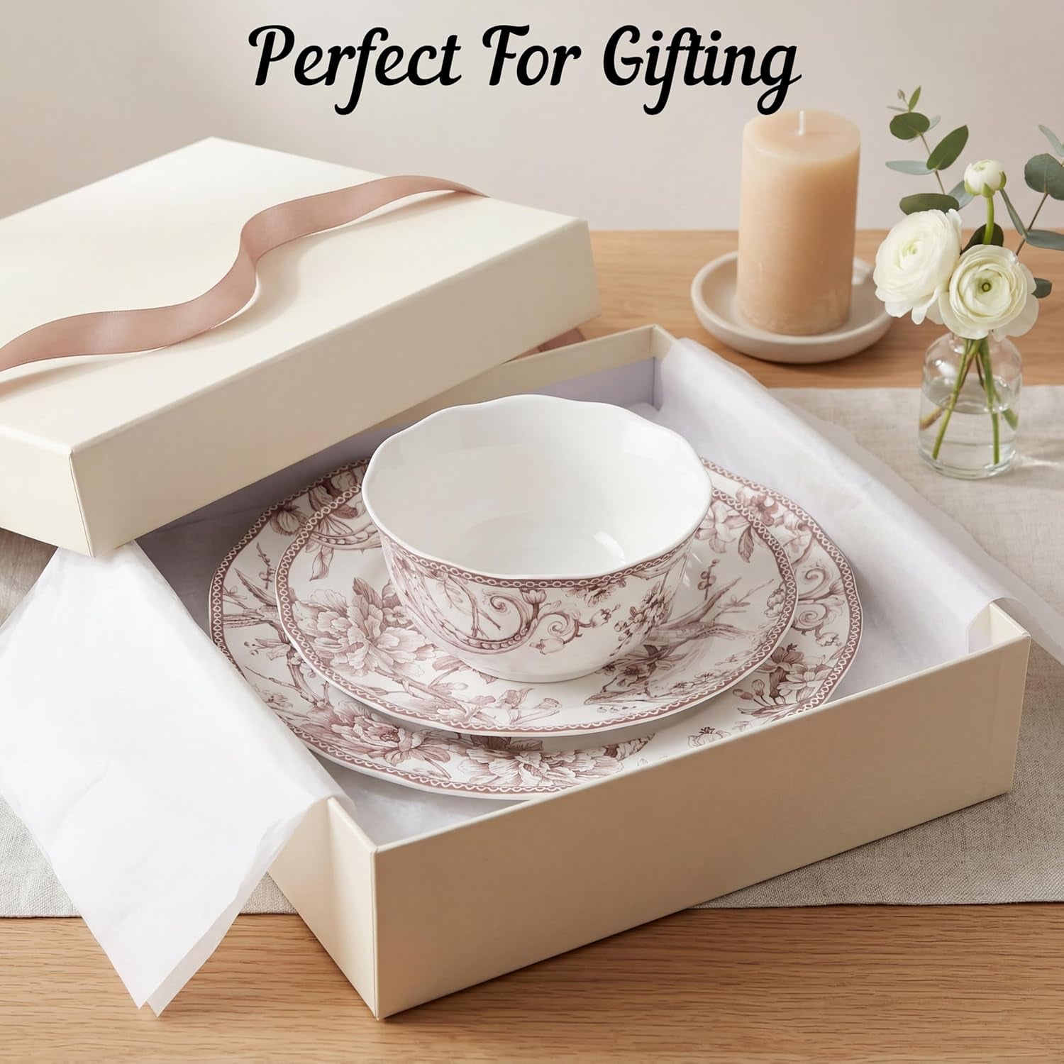Adelaide Brown on White 12-Piece Dinnerware Set – Service for 4, Big Dinner Plates and Bowls Sets,Durable Porcelain, Microwave and Dishwasher Safe, for Everyday Dining & Entertainment