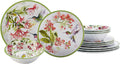 Hummingbirds 12-Piece Melamine Dinnerware Set – Service for 4 with Dinner, Salad, and Bowls – Lightweight, Durable, Dishwasher Safe, Floral Hummingbird Design for Indoor & Outdoor Dining