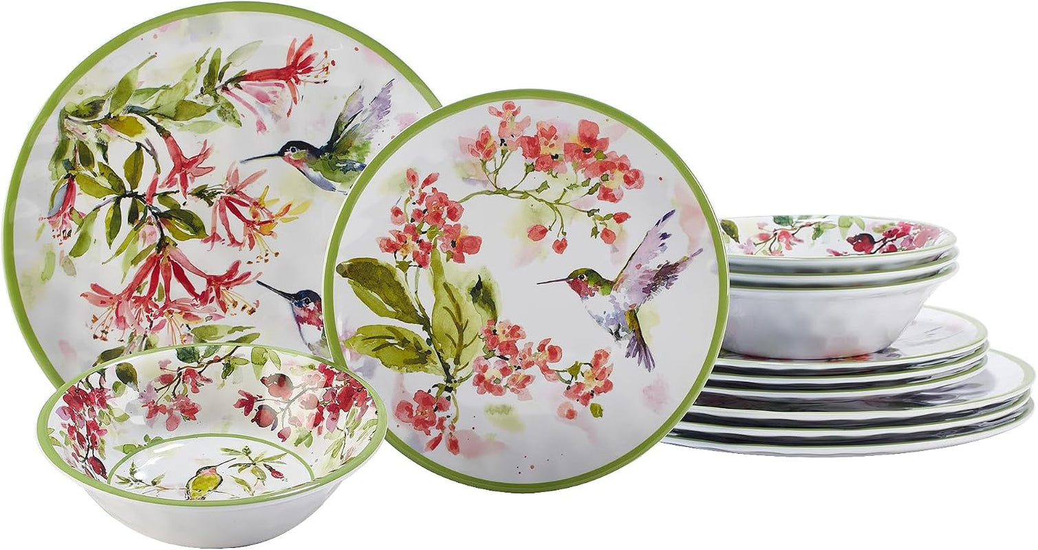 Hummingbirds 12-Piece Melamine Dinnerware Set – Service for 4 with Dinner, Salad, and Bowls – Lightweight, Durable, Dishwasher Safe, Floral Hummingbird Design for Indoor & Outdoor Dining