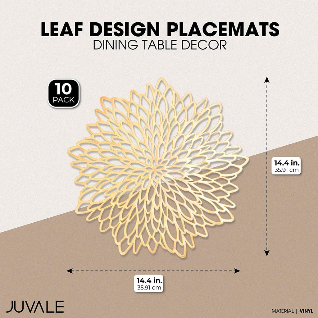 10 Pack Gold Vinyl Placemats - 14.4" X 14.4" round Table Mats and Plate Chargers with Leaf Design for Elegant Table Decor and Protection - Stylish Charger Plates for Events and Wedding Parties