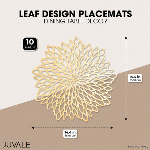 10 Pack Gold Vinyl Placemats - 14.4" X 14.4" round Table Mats and Plate Chargers with Leaf Design for Elegant Table Decor and Protection - Stylish Charger Plates for Events and Wedding Parties