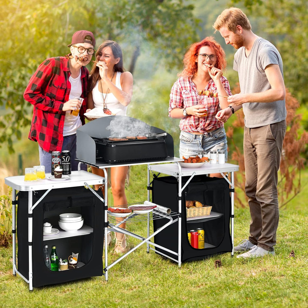 Folding Camping Table, 2-Tier Aluminum Camping Kitchen Table with Windscreen, Cook Station, Portable Camp Cook Table with Storage Organizer Shelves, Carry Bag, Ideal for Picnic, BBQ, Party