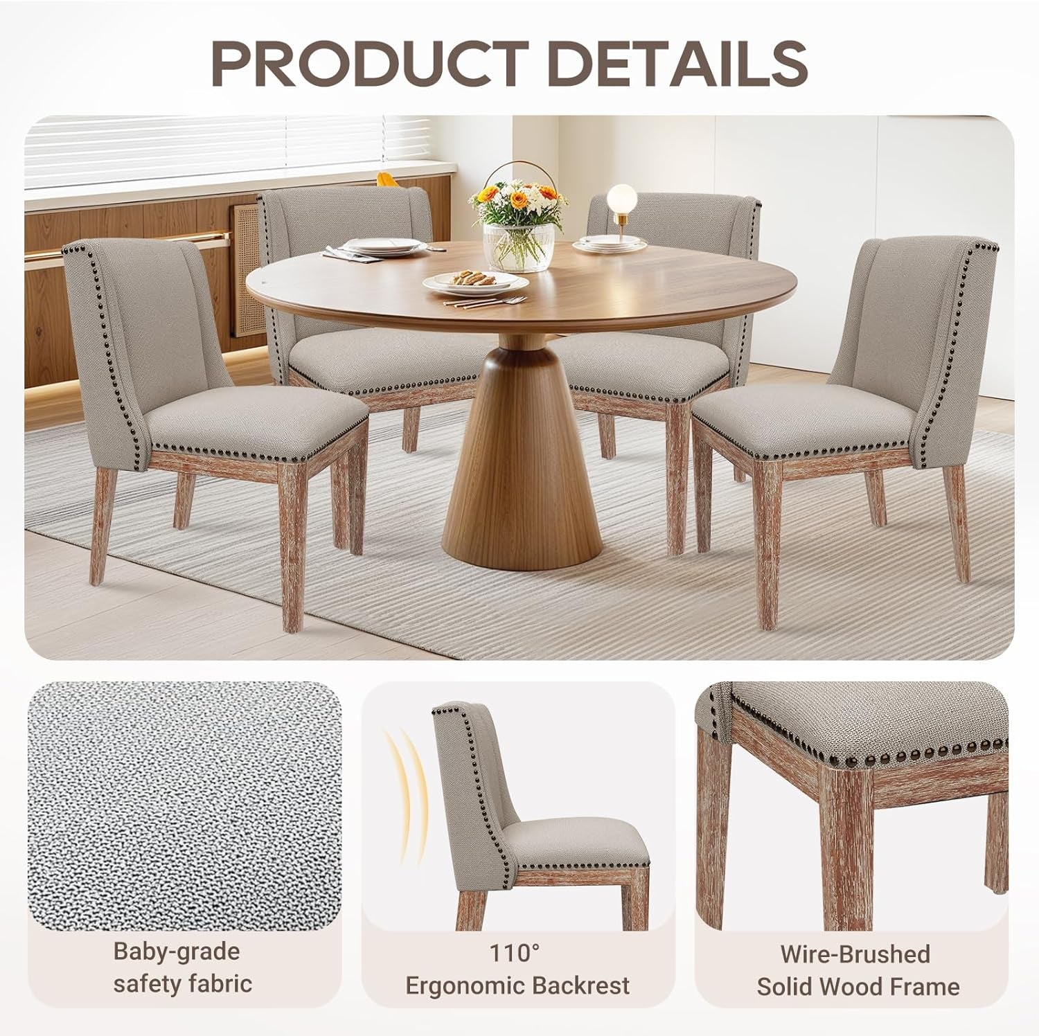 Dining Chair Set of 6, Fabric Upholstered Kitchen Side Chairs with Wooden Legs for Kitchen & Restaurant Use, Beige