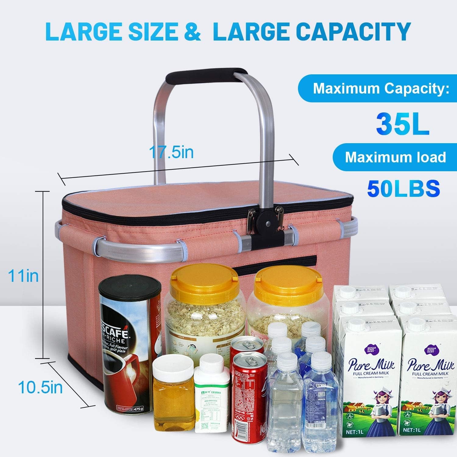 35L Large Picnic Basket 2 Layers of Internal Pockets Leak-Proof and Insulated ，Folding with Internal Support for Enhansed Stability, Wedding Gifts for Couple(Salmon Color)