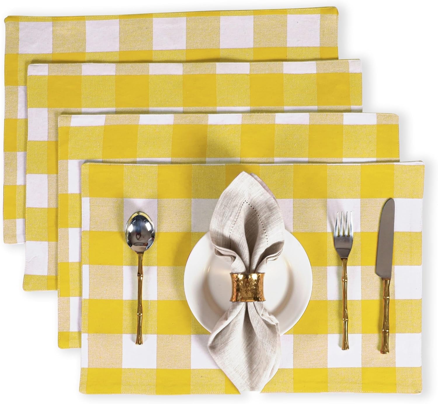 Cotton Placemat 13X19 Inches, Heat Resistant, Buffalo Plaid Place Mats Set of 4, Decorative Reversible Check Pattern Placemats for Dining Decor, Kitchen, Lemon Yellow, White