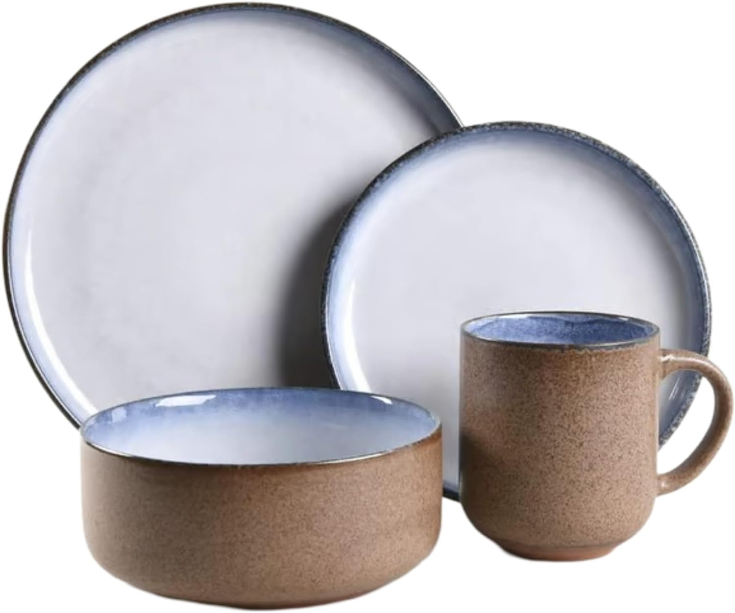 Oaklyn Mist 16-Piece Stoneware Dinnerware Set - White & Blue Reactive Glaze with Stone-Like Exterior - Modern Tableware Designs, Plates, Bowls, Mugs for Everyday Dining or Special Occasions