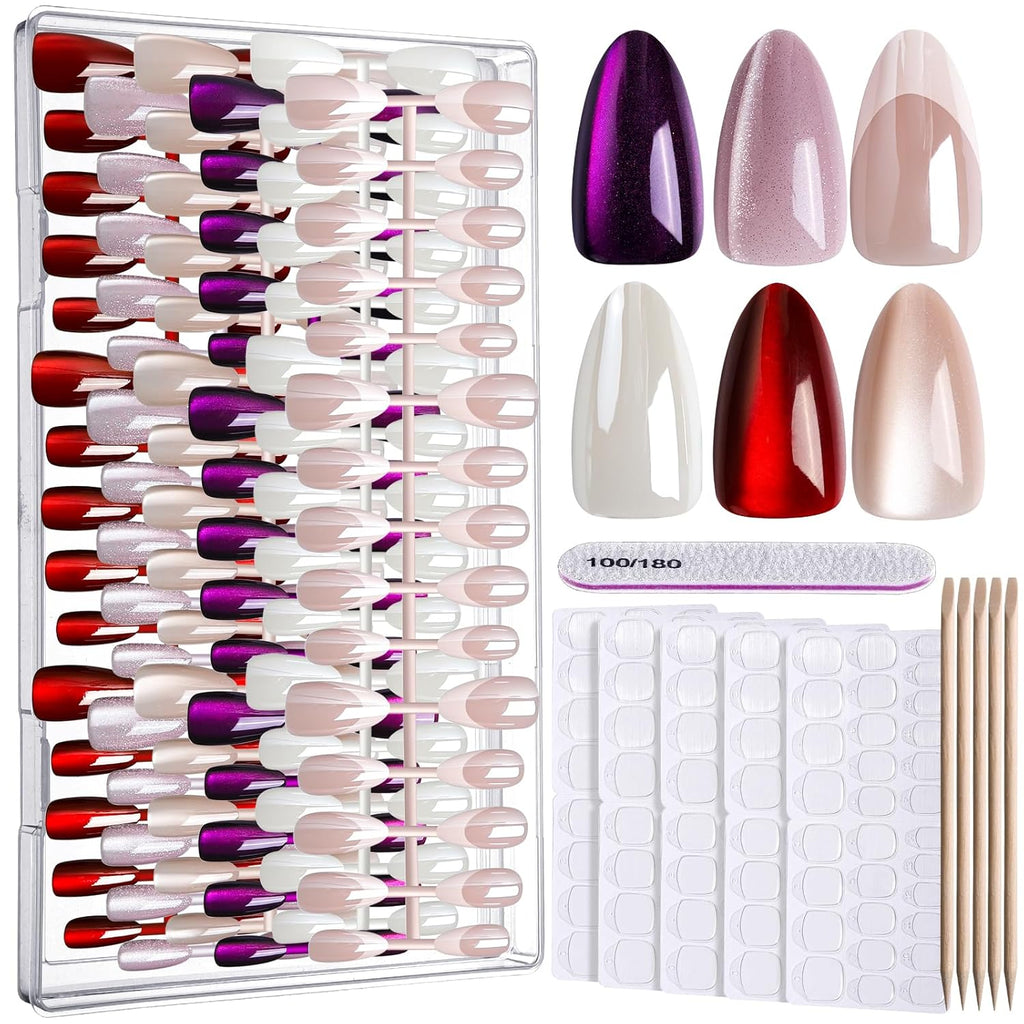 Press on Nails Almond, 6 Colors Cat Eye Press on Nails, Natural Fake Nails Glossy French Tip, Cat Eye Nails for Women Salon Quality, Christmas Iridescent Chrome Press on Nails Kit
