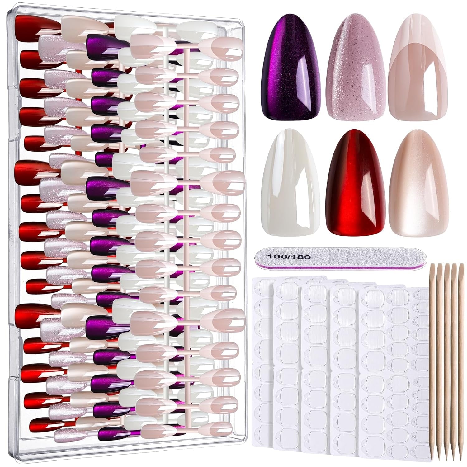Press on Nails Almond, 6 Colors Cat Eye Press on Nails, Natural Fake Nails Glossy French Tip, Cat Eye Nails for Women Salon Quality, Christmas Iridescent Chrome Press on Nails Kit