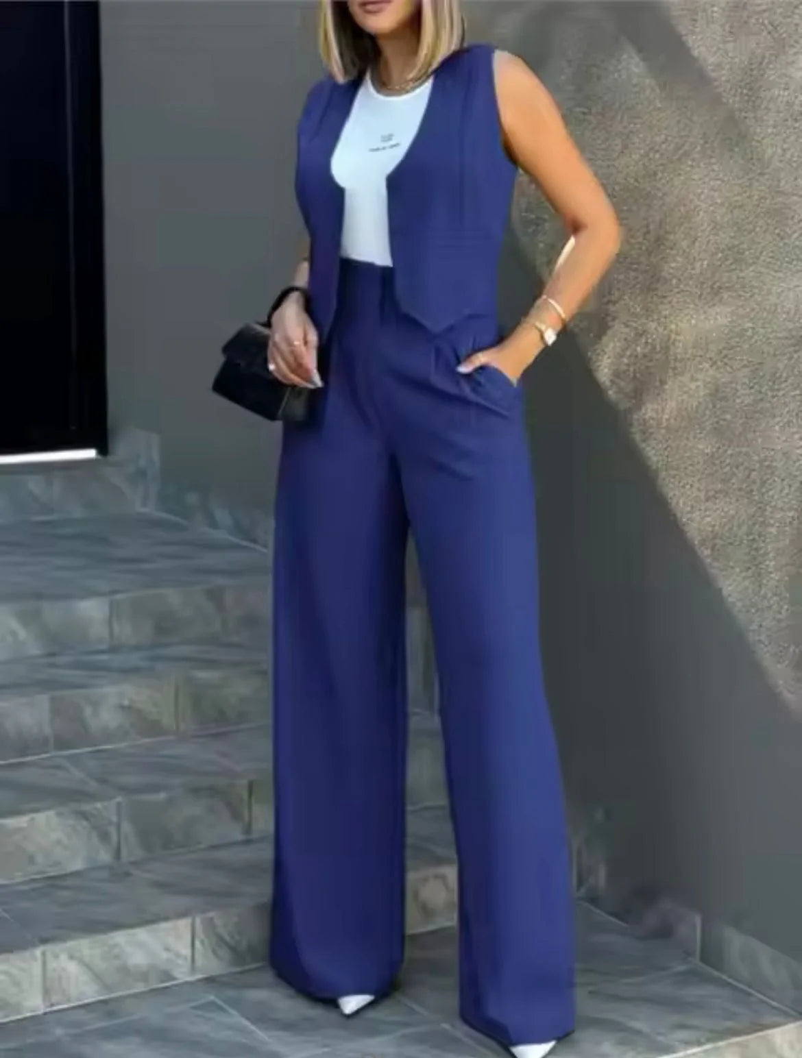 Women’S Tailored Waistcoat Wide Leg Trouser Co Ord Lounge Set