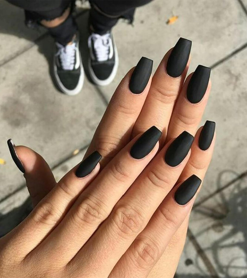 Press on Nails - Black Velvet Coffin Matte Fake Nails, Long, Solid Color Stick on Nails in 12 Sizes, 24PCS Glue on Nails