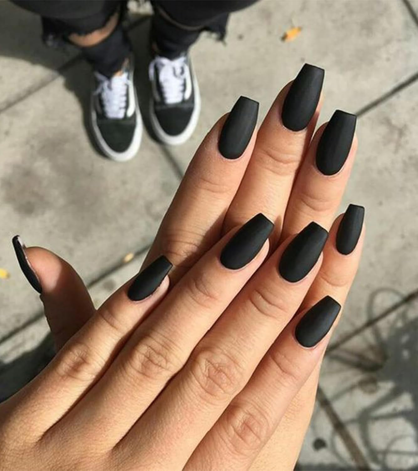 Press on Nails - Black Velvet Coffin Matte Fake Nails, Long, Solid Color Stick on Nails in 12 Sizes, 24PCS Glue on Nails