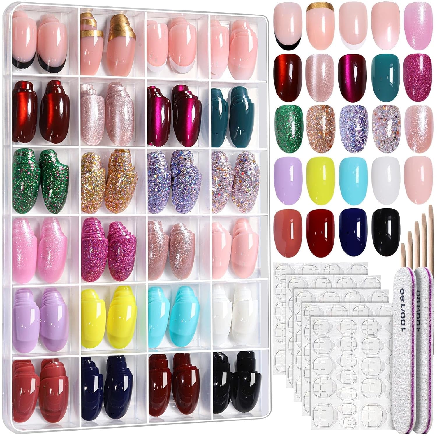 Press on Nails, 24 Colors 576PCS Cat Eye Press on Nails Short Oval, Glitter Fake Nails, Press on Nails French Tip Natural Glossy Nails for Nail Art