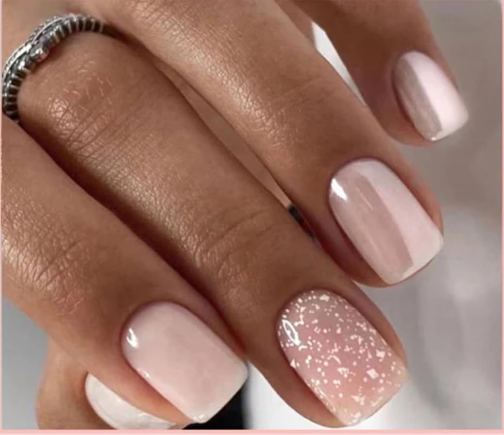 Press on Nails Short Square Pink - Snowflake Glitter Press on Nails with Glue, White Snowflakes Sparkle Glossy False Nail Tips for Women Winter Christmas