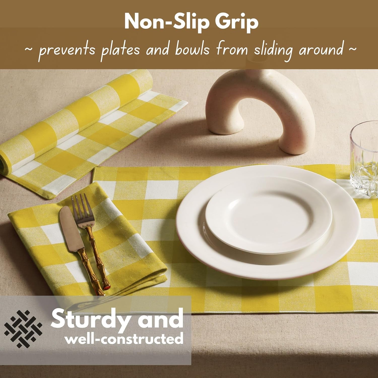 Cotton Placemat 13X19 Inches, Heat Resistant, Buffalo Plaid Place Mats Set of 4, Decorative Reversible Check Pattern Placemats for Dining Decor, Kitchen, Lemon Yellow, White