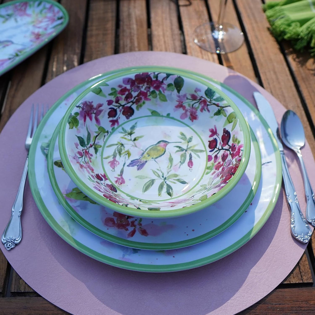 Hummingbirds 12-Piece Melamine Dinnerware Set – Service for 4 with Dinner, Salad, and Bowls – Lightweight, Durable, Dishwasher Safe, Floral Hummingbird Design for Indoor & Outdoor Dining