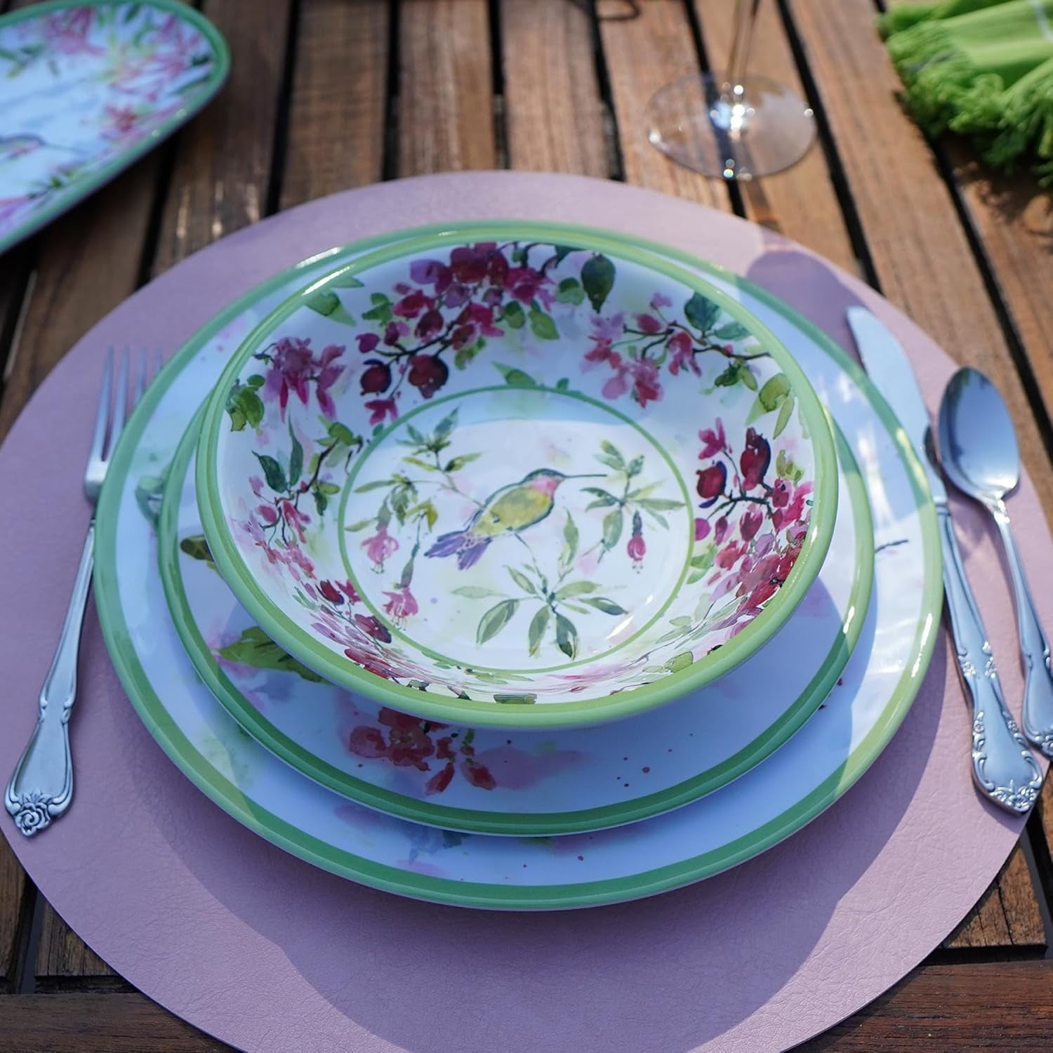 Hummingbirds 12-Piece Melamine Dinnerware Set – Service for 4 with Dinner, Salad, and Bowls – Lightweight, Durable, Dishwasher Safe, Floral Hummingbird Design for Indoor & Outdoor Dining