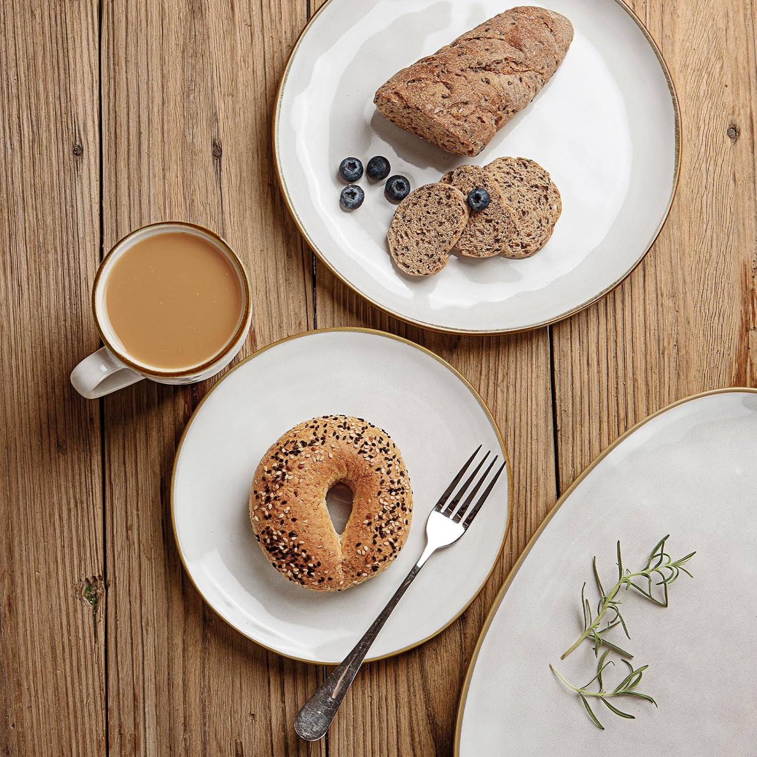 Ocean round Plates and Bowls Sets for Kitchen, 16-Piece Dinnerware Sets for 4, Mug Set for 4, Reactive Glaze, Cappuccino White