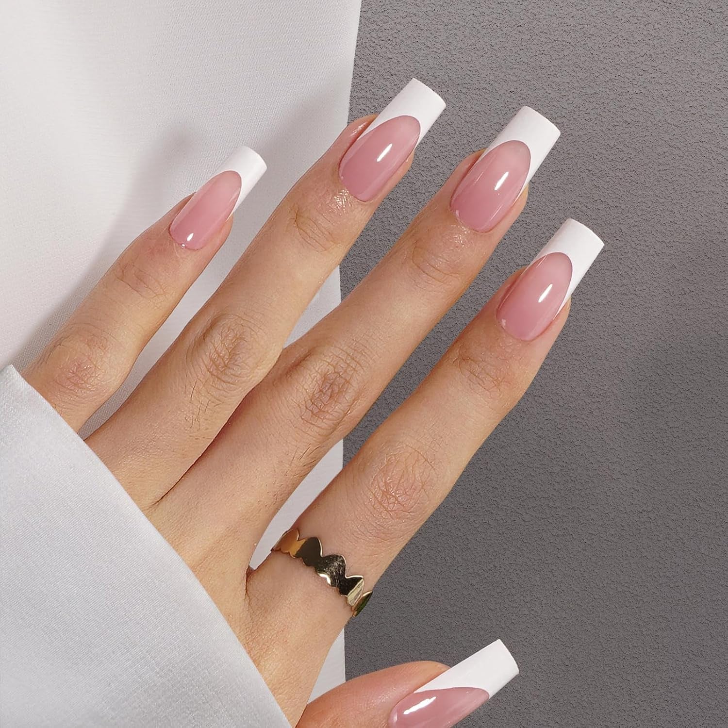 French Tip Press on Nails - 300Pcs Pre-Colored Quick and Easy Press on Nails Long Square Fake Nails with Designs DIY Gel Nail Tips, Pink White