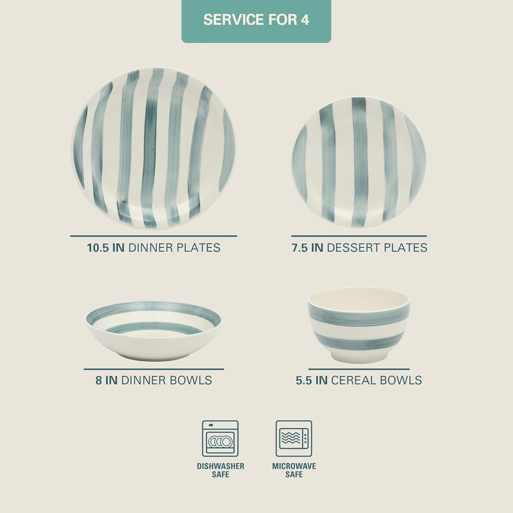 Kenwood Shores 16 Piece Dinnerware Set, Blue Striped, Hand-Painted Stoneware Dishes, Plates and Bowls, Service for 4, Microwave & Dishwasher Safe