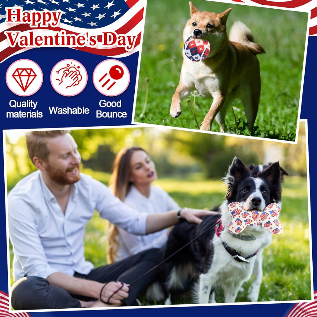 6 Pcs 4Th of July Dog Toys Patriotic Day 250Th Anniversary Puppy Tennis Balls and Squeaky Bone Plush Red White and Blue Toys for Small Medium Large Dog Plush Chew Training Toss Balls Gift