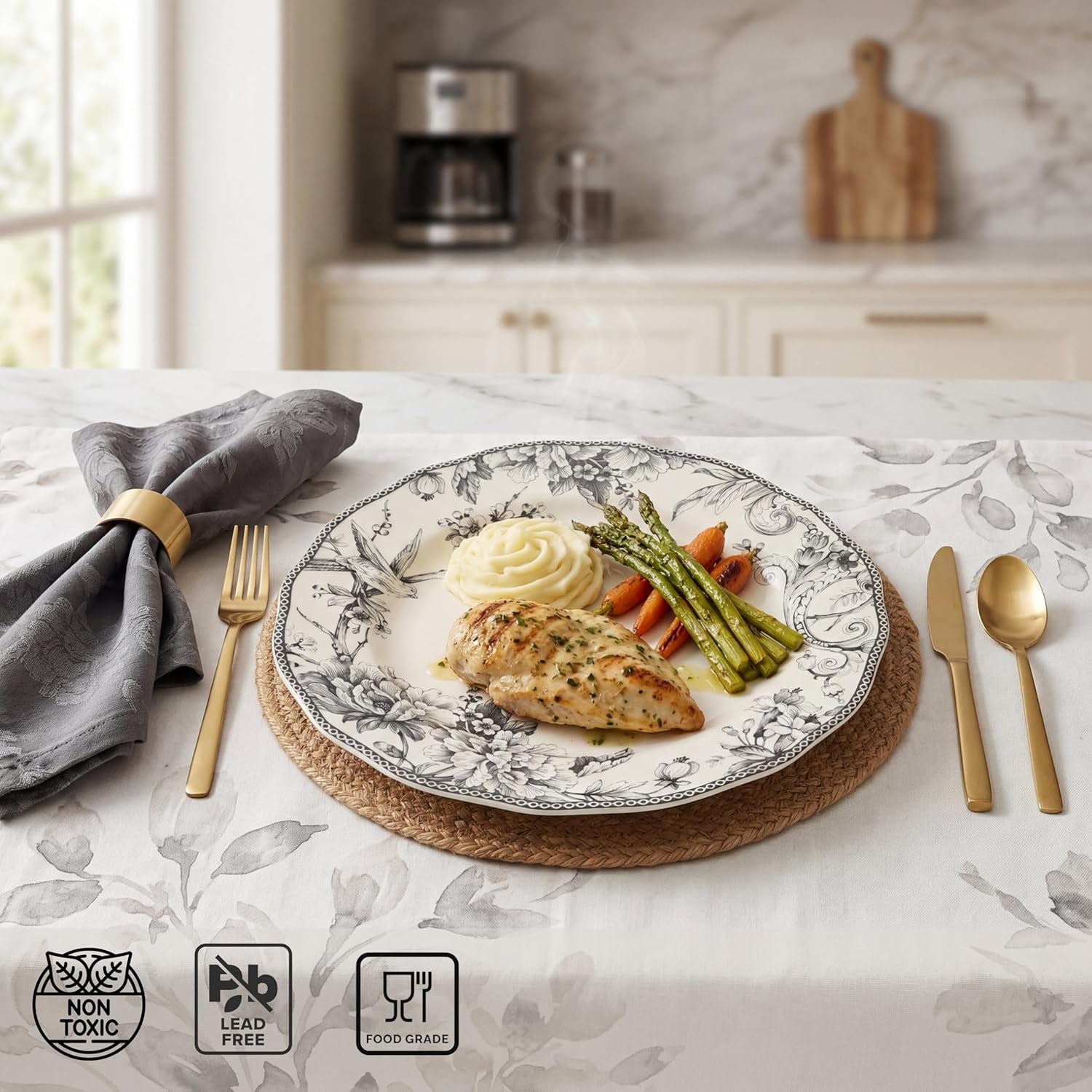 Adelaide 16-Piece Casual Grey Porcelain Dinnerware Set – Service for 4, Classic Toile Bird & Floral Design, Microwave & Dishwasher Safe, for Everyday Dining & Entertainment