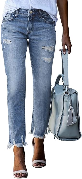 Women'S High Waisted Tummy Control Straight Ankle Ripped Jeans